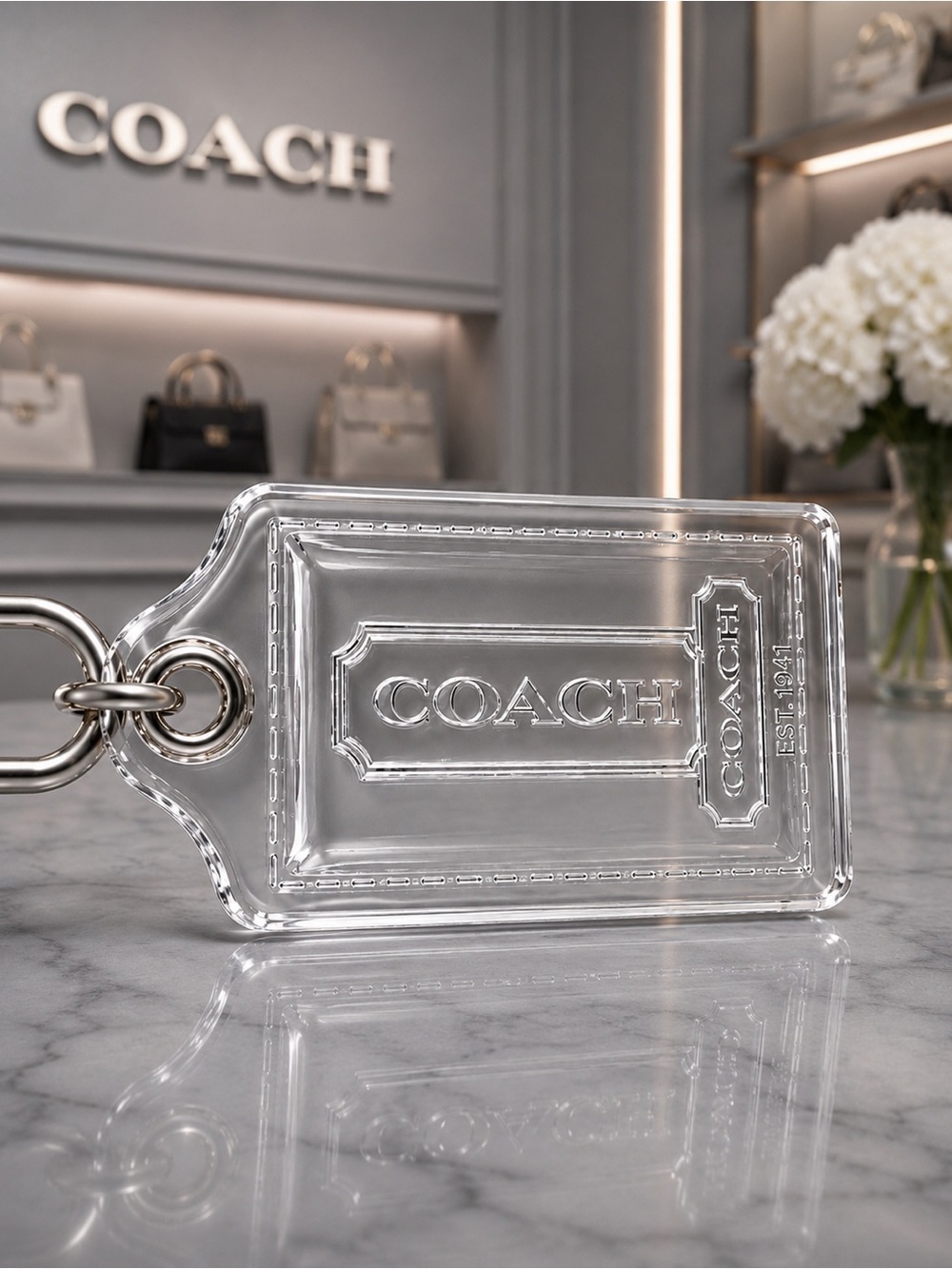 COACH POPPY Large Clear Acrylic Hang Tag Keychain Bag Charm EST 1941